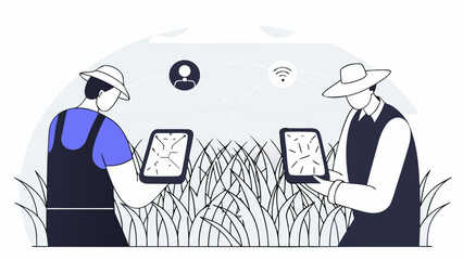 Digital transformation in the agricultural sector showing two farmers using connected tablets for data-driven crop management