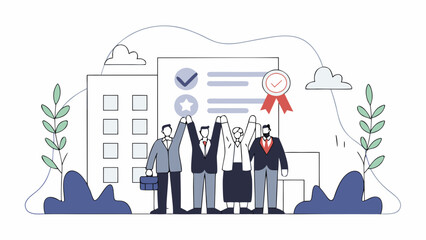 Vector illustration of a professional business team celebrating success. Cheerful employees with a quality certification document and city building background