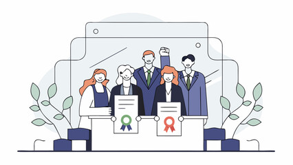 Vector illustration of a diverse group of political and business leaders presenting a social pact or collective agreement with certificates