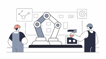 Illustration of engineers and a robotic arm on a production line, symbolizing industrial automation in a modern smart factory