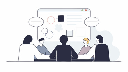 Vector art illustration of a corporate team in a strategic meeting, collaborating on a digital project and discussing user interface design