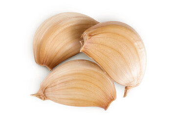 garlic cloves isolated on white background close up. Top view. Flat lay.