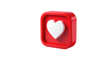 Red square icon with a white heart symbol, glossy and 3D, isolated against a black background in a digital rendering