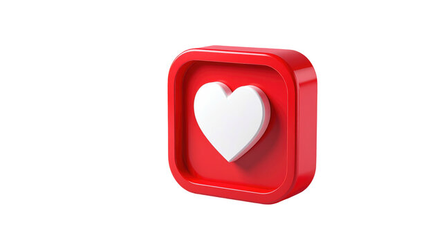 Red square icon with a white heart symbol, glossy and 3D, isolated against a black background in a digital rendering - Powered by Adobe