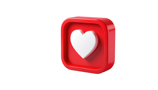 Red square icon with a white heart symbol, glossy and 3D, isolated against a black background in a digital rendering