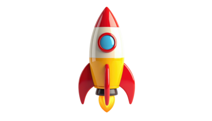 3D, vibrant rocket with a red nose, yellow body and wings against a black background is launching with visible flames