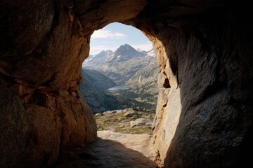 Mountain view through keyhole opening. Access and discovery concept.	