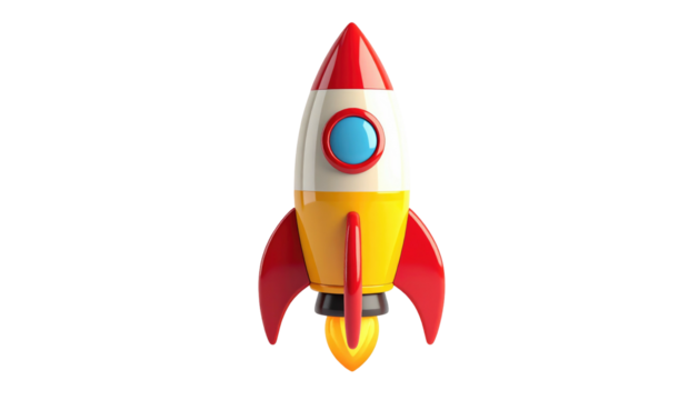 3D, vibrant rocket with a red nose, yellow body and wings against a black background is launching with visible flames