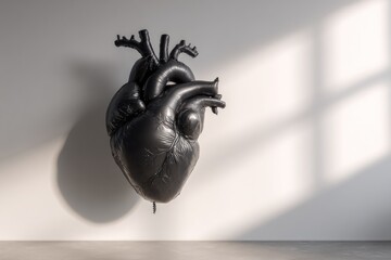 Matte black heart-shaped balloon floating. Minimalist conceptual art.