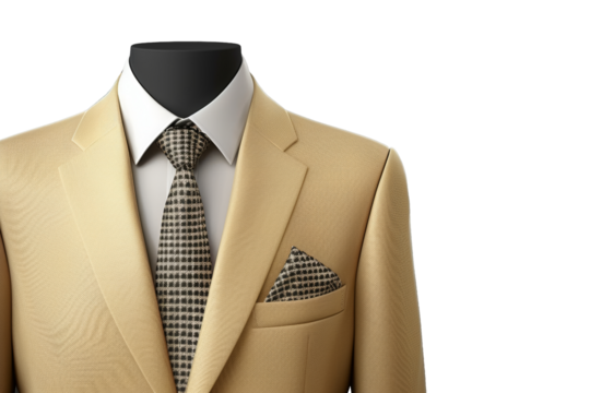 Classic Men s Beige Suit, White Shirt, and Patterned Tie on Mannequin, Isolated on transparent background