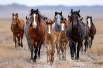 Wild Horses Running Free in Open Field