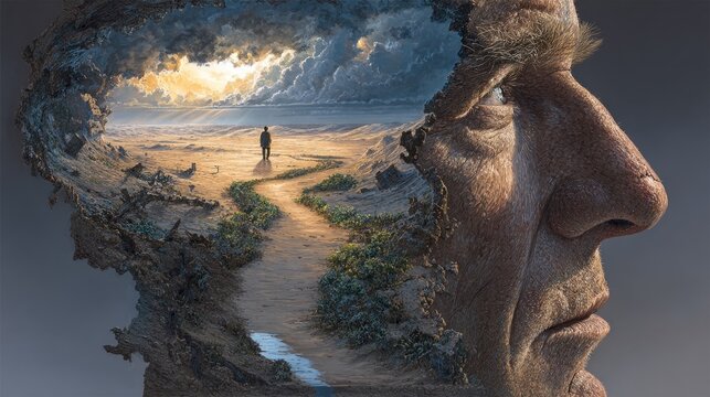 Artistic double exposure merging weathered face with distant desert road. Evokes themes of journey, wisdom, time, and the depth of human memory.﻿