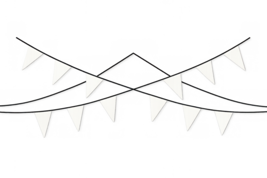 White bunting flags hanging on string, creating a decorative garland, ideal for party, celebration, and event design elements