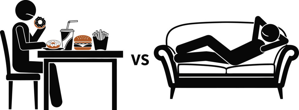 Sedentary lifestyle vs active lifestyle comparison with diet and exercise habits and health choices