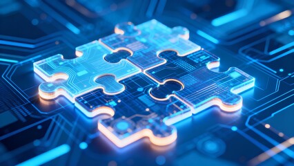 Futuristic digital puzzle pieces interlocking on glowing blue abstract background, symbolizing technology innovation, API integration, automation, cloud network connectivity, artificial intelligence