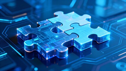 Abstract blue background glowing digital puzzle pieces connecting seamlessly, AI software development, data integration, API synchronization, automation, virtual cloud network, artificial intelligence
