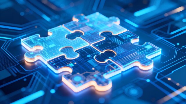 Futuristic digital puzzle pieces interlocking on glowing blue abstract background, symbolizing technology innovation, API integration, automation, cloud network connectivity, artificial intelligence - Powered by Adobe
