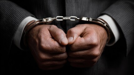 Businessman in dark suit wearing handcuffs without face shown. Corporate crime, fraud, and legal consequences concept image.	