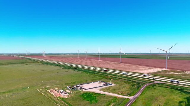 Aerial landscape of desert windmills in rural historic US route 66 Vega Texas Oldham County TX