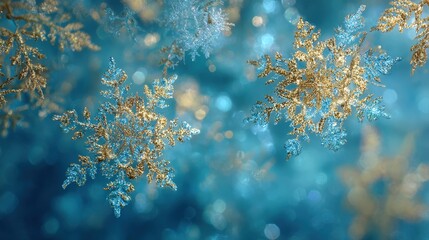 Sparkling Winter Holiday Background: Glittering Gold and Icy Blue Snowflakes Floating against a Magical Bokeh Backdrop - Festive and Luxurious Design for Christmas, New Year, and Seasonal Promotions