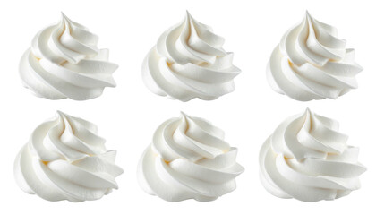 Six swirls of piped, creamy white frosting are arranged in two rows against a transparent background