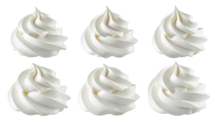 Six swirls of piped, creamy white frosting are arranged in two rows against a transparent background