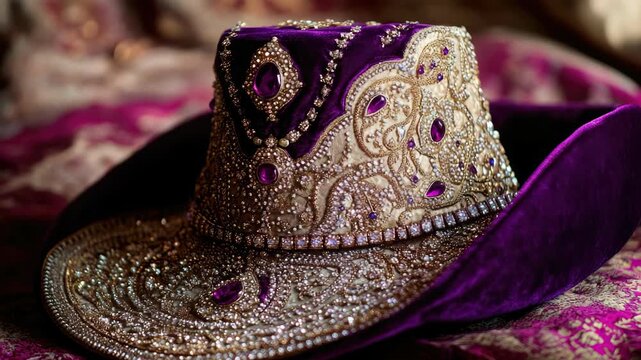 This elegant accessory is adorned with a luxurious purple and gold design, topped with a single feather for an extra touch of glamour.