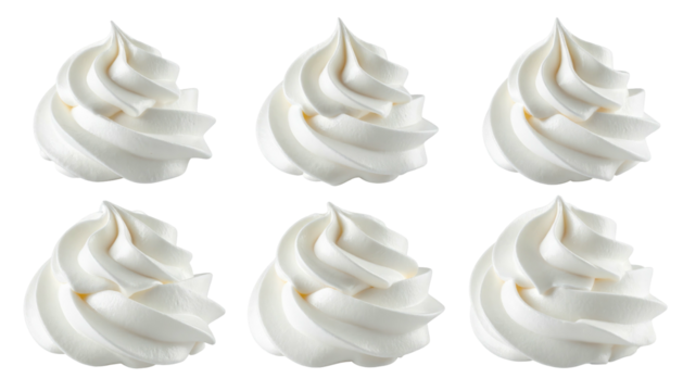 Six swirls of piped, creamy white frosting are arranged in two rows against a transparent background