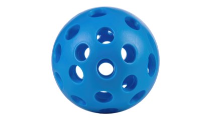 Perforated blue plastic sphere with many circular holes, isolated on black, casting a subtle shadow