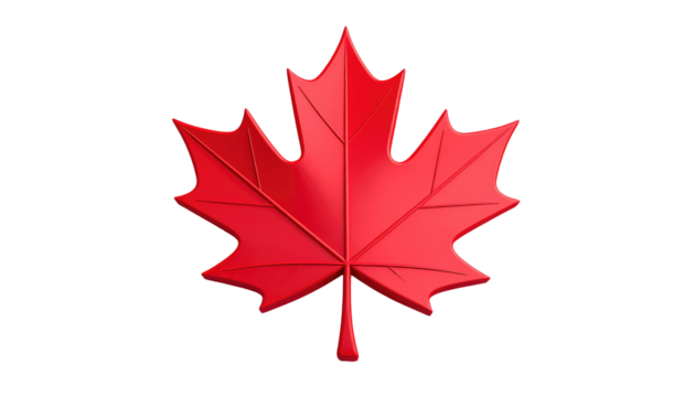 A glossy, red maple leaf emblem with detailed veins, isolated against a stark black backdrop with smooth, rounded edges