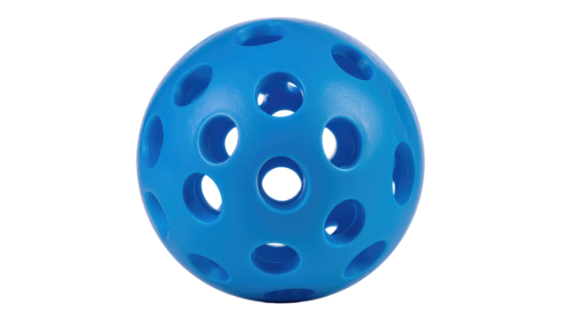 Perforated blue plastic sphere with many circular holes, isolated on black, casting a subtle shadow