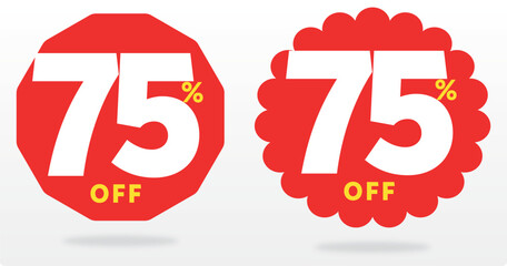 75% off, percent, offer, purchase, red, retail, shop, percent, promo, discount, payment. Icon, set, vector, market, sticker, sale. Value, balloon, price, liquidation