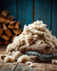 Obraz premium Freshly sheared sheep wool pile rustic farm. For agriculture, textiles, farming, craft, raw materials.