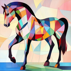 Colorful abstract horse standing against a geometric background  