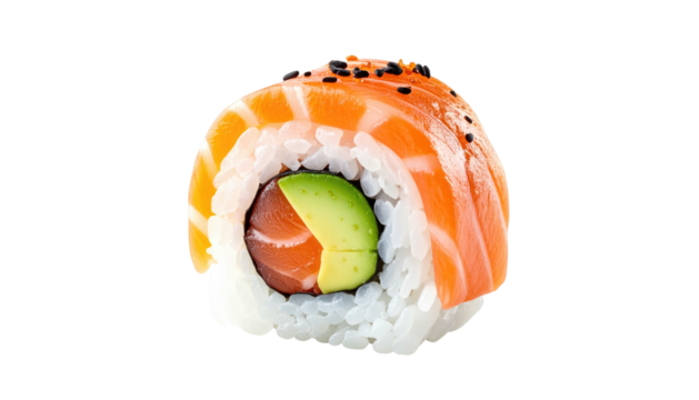 Isolated sushi roll on black background, with salmon, avocado, and rice, sprinkled with black sesame seeds