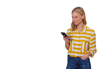Young woman smiling, looking at smartphone, texting, communicating, and checking social media on transparent background