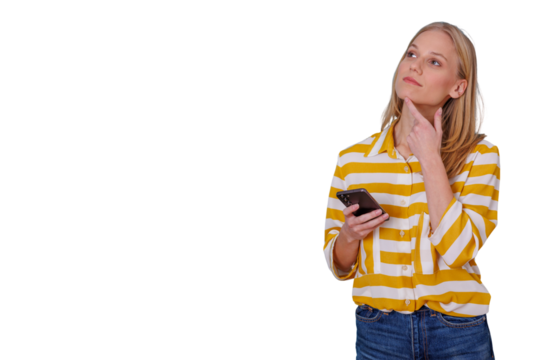 Woman thinking and making decision with smartphone, contemplating possibilities, having an idea, transparent background