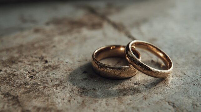 Two gold wedding rings grey surface jewelry. For jewelry, wedding, engagement, luxury, celebration content.