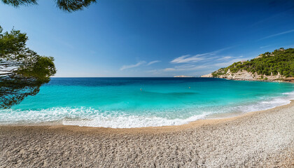 Poster Illustration Of A Serene Beach In The French Riviera With Turquoise Waters Gently Lapping Against A Sandy Beach