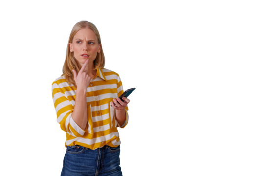 Young woman thinking, contemplating problem or solution while holding a smartphone, transparent background
