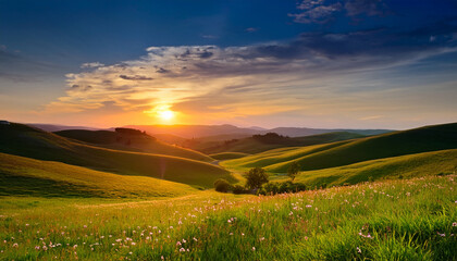 Fototapeta premium Serene Sunset Over Rolling Hills And Meadow
