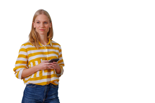 Woman holding mobile phone looking away, thinking, considering, with transparent background for design flexibility