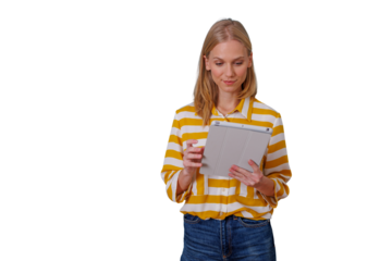 Woman using digital tablet, browsing online content, connecting with technology, isolated with transparent background