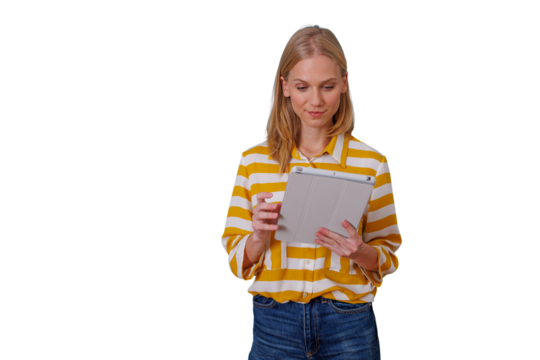 Woman using digital tablet, browsing online content, connecting with technology, isolated with transparent background