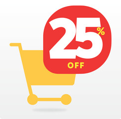 25% off, market, promo, discount, icon, design, sale, shopping cart, sign, retail, store, advertising, advertisement, special, poster. Offer, clearance, tag, market, banner, shape, vector, set