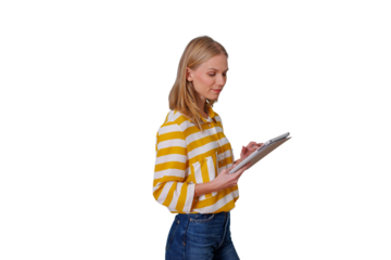 Woman standing, holding, and using a modern digital tablet, interacting with the touchscreen. Transparent background