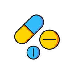 Color Medicine pill or tablet icon isolated on white background. Capsule pill and drug sign. Pharmacy design. Flat filled outline style with shadow. Vector