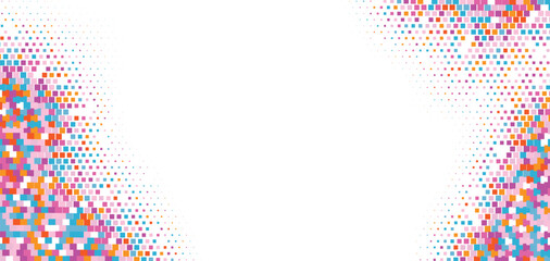 Colorful halftone mosaic corner pattern, abstract bright dotted texture with pink blue and orange tones, modern geometric vector background, festive digital design concept