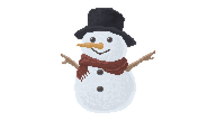  Pixel Art Snowman with Top Hat and Scarf - Elegant 8-Bit Snowman Character Icon - Retro Game Winter Snowman with Accessories