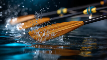Close-up of synchronized oars cutting through water, droplets frozen midair, representing unity and precision, with copy space.